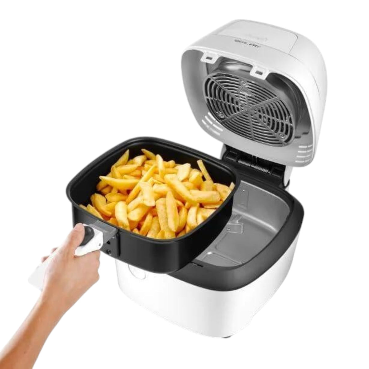 Taghareed De'Longhi MultiFry One air fryer with a basket full of golden french fries, white exterior, open lid showing heating element.