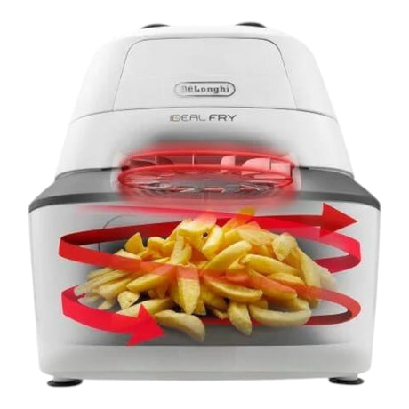 Taghareed De'Longhi MultiFry One air fryer and multi-cooker with fries and red heat circulation arrows.