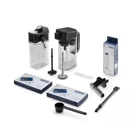 Taghareed De’Longhi PrimaDonna Elite coffee machine accessories including milk carafes, cleaning brushes, and measuring scoop.