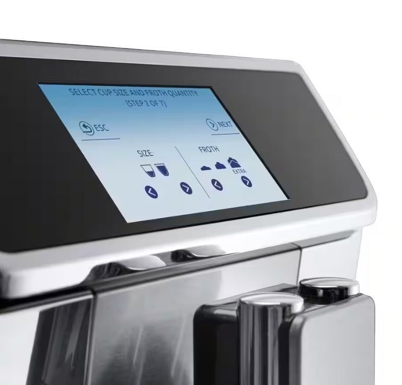 Taghareed De’Longhi PrimaDonna Elite coffee machine with stainless steel finish and interactive touchscreen displaying cup size and froth options.