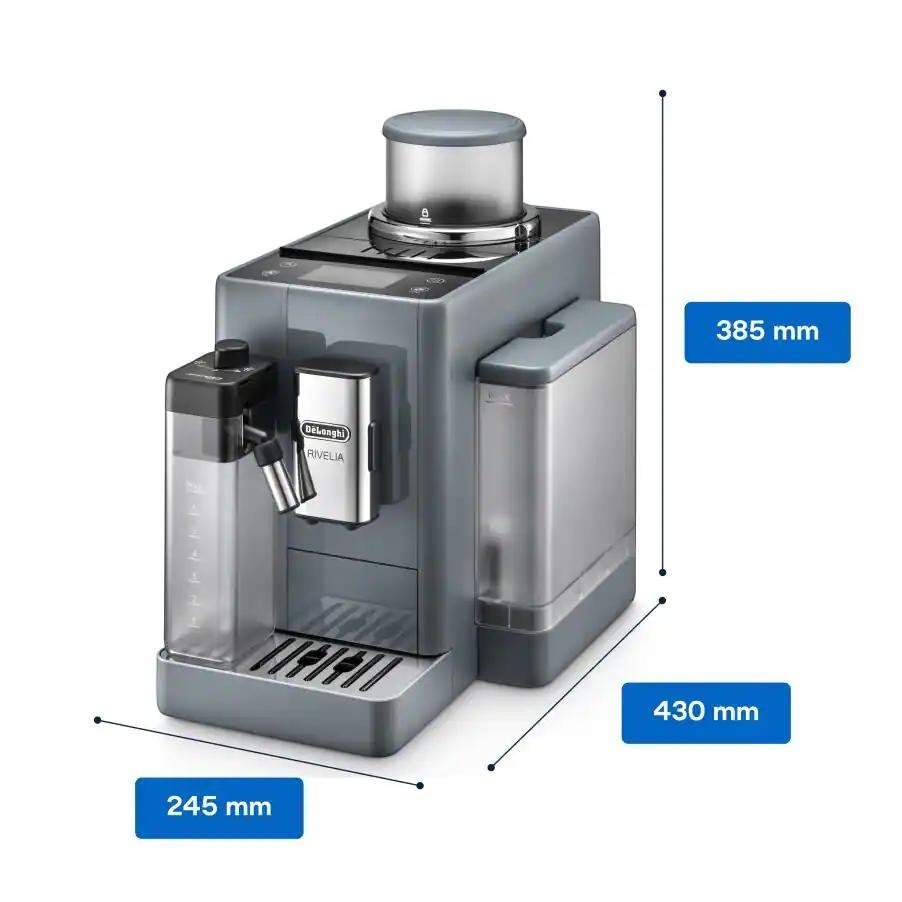 Taghareed De'Longhi Rivelia automatic coffee machine in grey with dual bean hoppers and a touchscreen display.