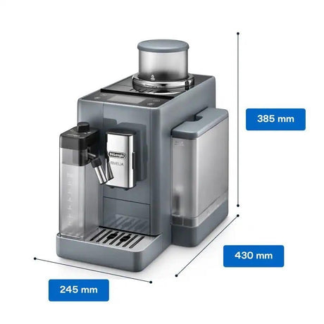Taghareed De'Longhi Rivelia automatic coffee machine in grey with dual bean hoppers and a touchscreen display.