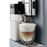 Taghareed De'Longhi Rivelia automatic coffee machine making a latte with dual bean hoppers and a touchscreen.