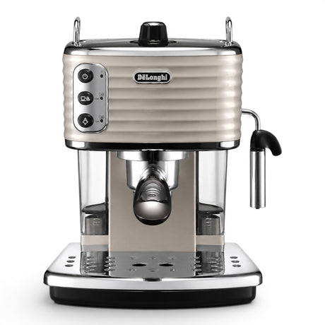 Taghareed De'Longhi Scultura beige espresso machine with chrome accents and a manual cappuccino system.