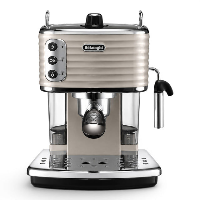 Taghareed De'Longhi Scultura beige espresso machine with chrome accents and a manual cappuccino system.
