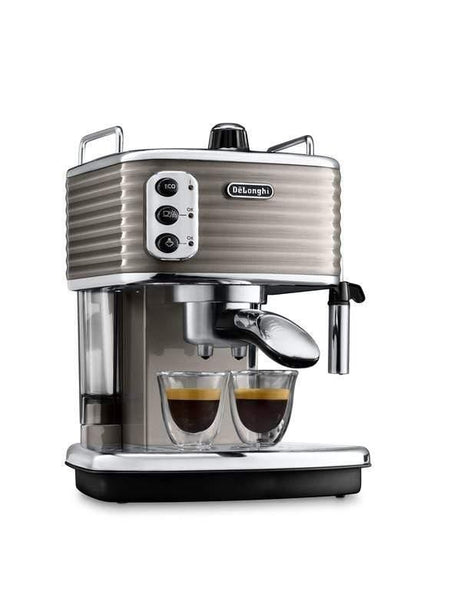Taghareed De'Longhi Scultura espresso machine in brushed metal finish, with two glasses of espresso.