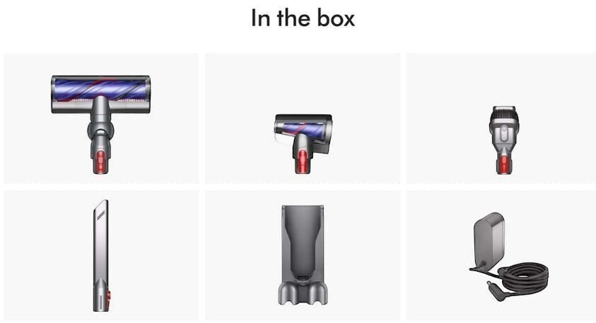Taghareed Dyson cordless vacuum cleaner attachments: main brush head, mini motorized tool, crevice tool, wand, wall dock, and charger.