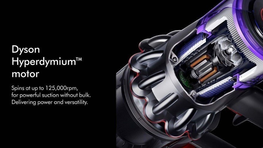 Taghareed Dyson Hyperdymium motor cordless vacuum cleaner internal view, silver and purple