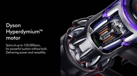 Taghareed Dyson Hyperdymium motor cordless vacuum cleaner internal view, silver and purple