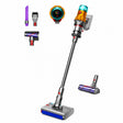 Taghareed Dyson V12s Detect Slim Submarine cordless vacuum with wet roller head and accessories. Yellow, silver, and blue.