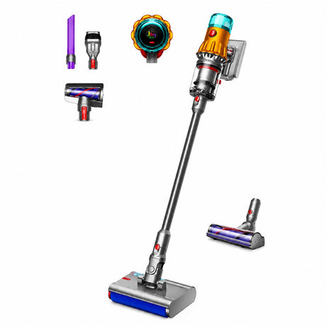 Taghareed Dyson V12s Detect Slim Submarine cordless vacuum with wet roller head and accessories. Yellow, silver, and blue.