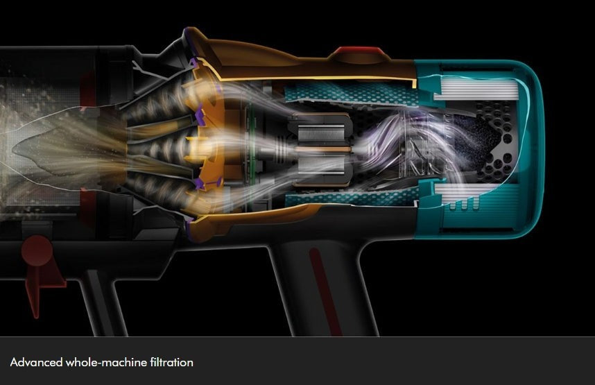 Taghareed Dyson V12s Detect Slim Submarine vacuum internal view showing cyclone separation and HEPA filtration system.