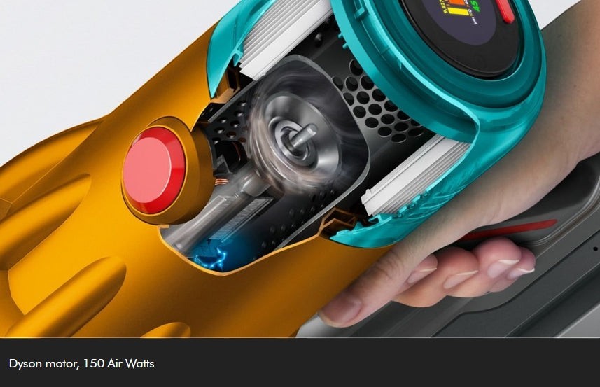 Taghareed Dyson V12s Detect Slim Submarine cordless vacuum with internal motor detail and LCD screen.