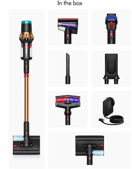 Taghareed Dyson V16 Piston Animal Submarine cordless vacuum in copper and black with wet roller head and accessories.