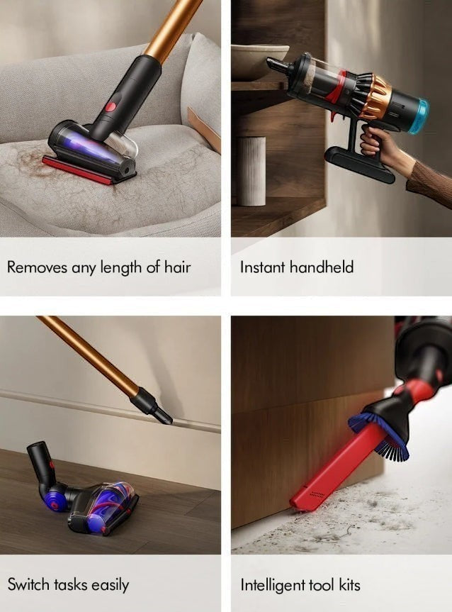 Taghareed Dyson V16 Piston Animal Submarine cordless vacuum in copper and black, with wet roller head and tools.