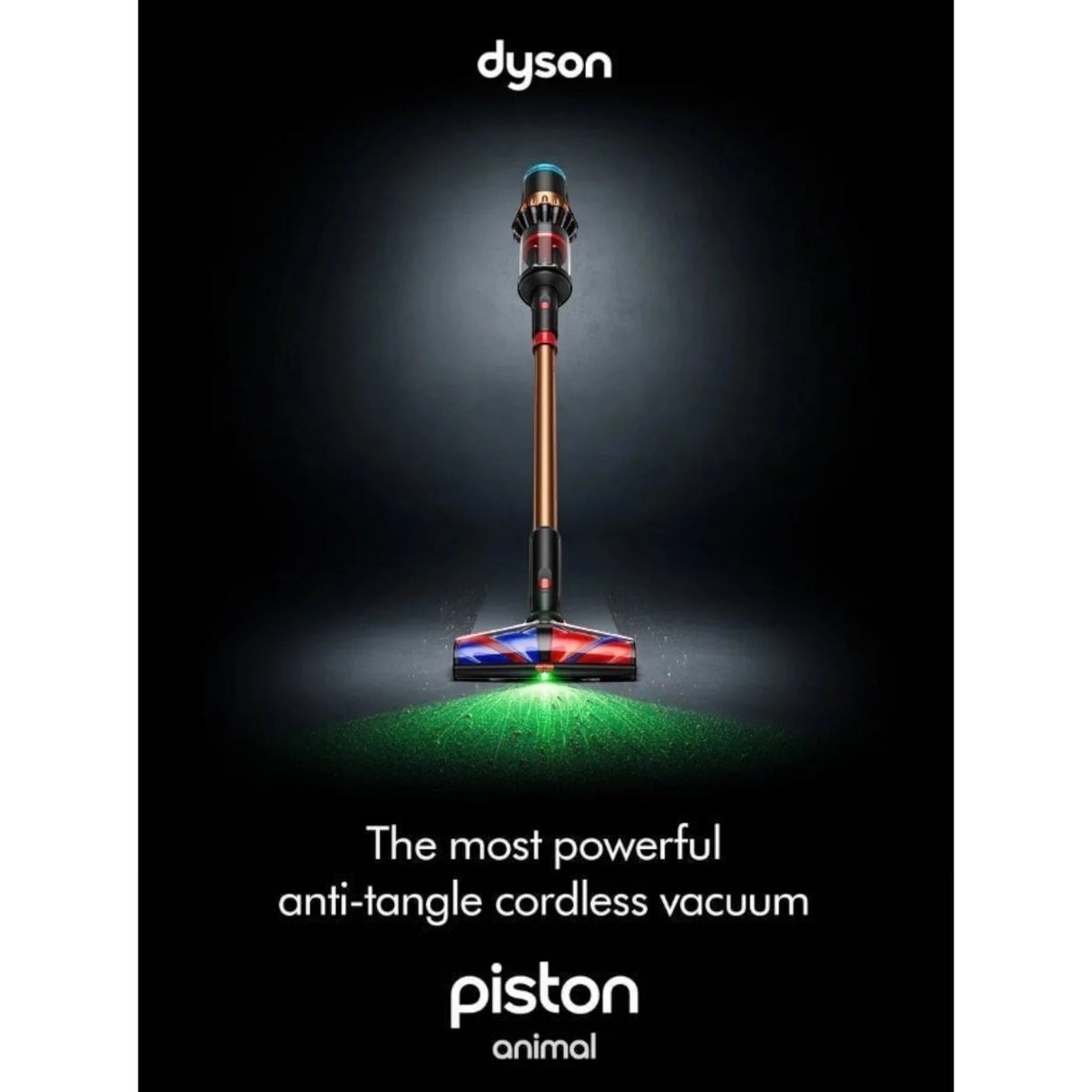 Taghareed Dyson V16 Piston Animal Submarine cordless vacuum in copper and black with illuminated brush head cleaning green particles.