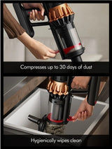 Taghareed Dyson V16 Piston Animal Submarine cordless vacuum in copper and black, showing dust compression and hygienic bin emptying.