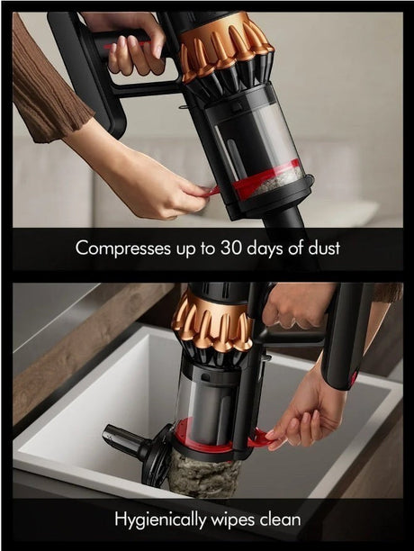 Taghareed Dyson V16 Piston Animal Submarine cordless vacuum in copper and black, showing dust compression and hygienic bin emptying.