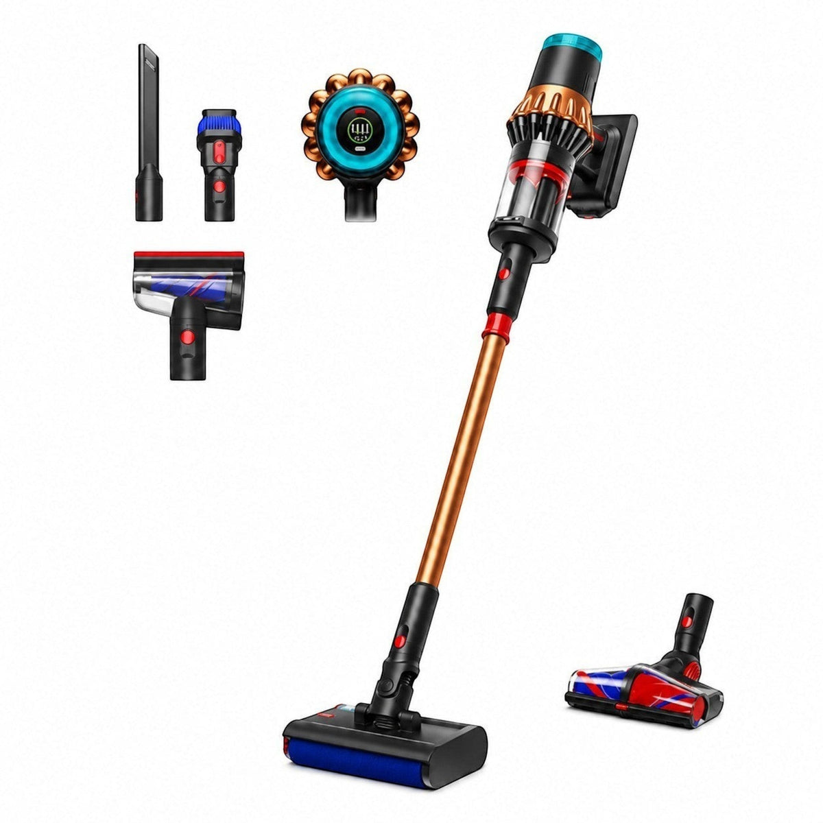 Taghareed Dyson V16 Piston Animal Submarine cordless vacuum in copper and black with wet roller head and accessories.