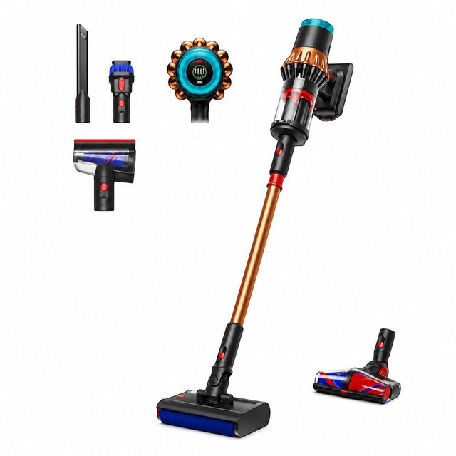Taghareed Dyson V16 Piston Animal Submarine cordless vacuum in copper and black with wet roller head and accessories.