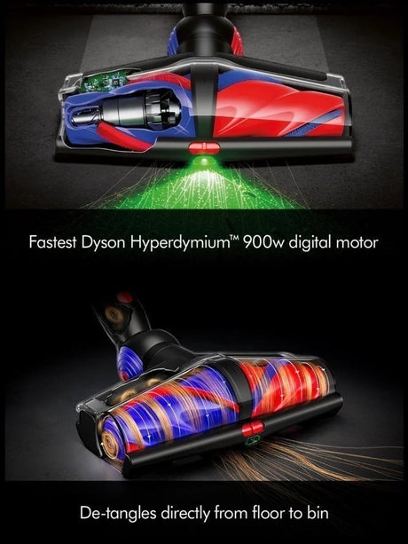 Taghareed Dyson V16 Piston Animal Submarine vacuum cleaner head with internal components visible, showing red and blue rollers and green light.