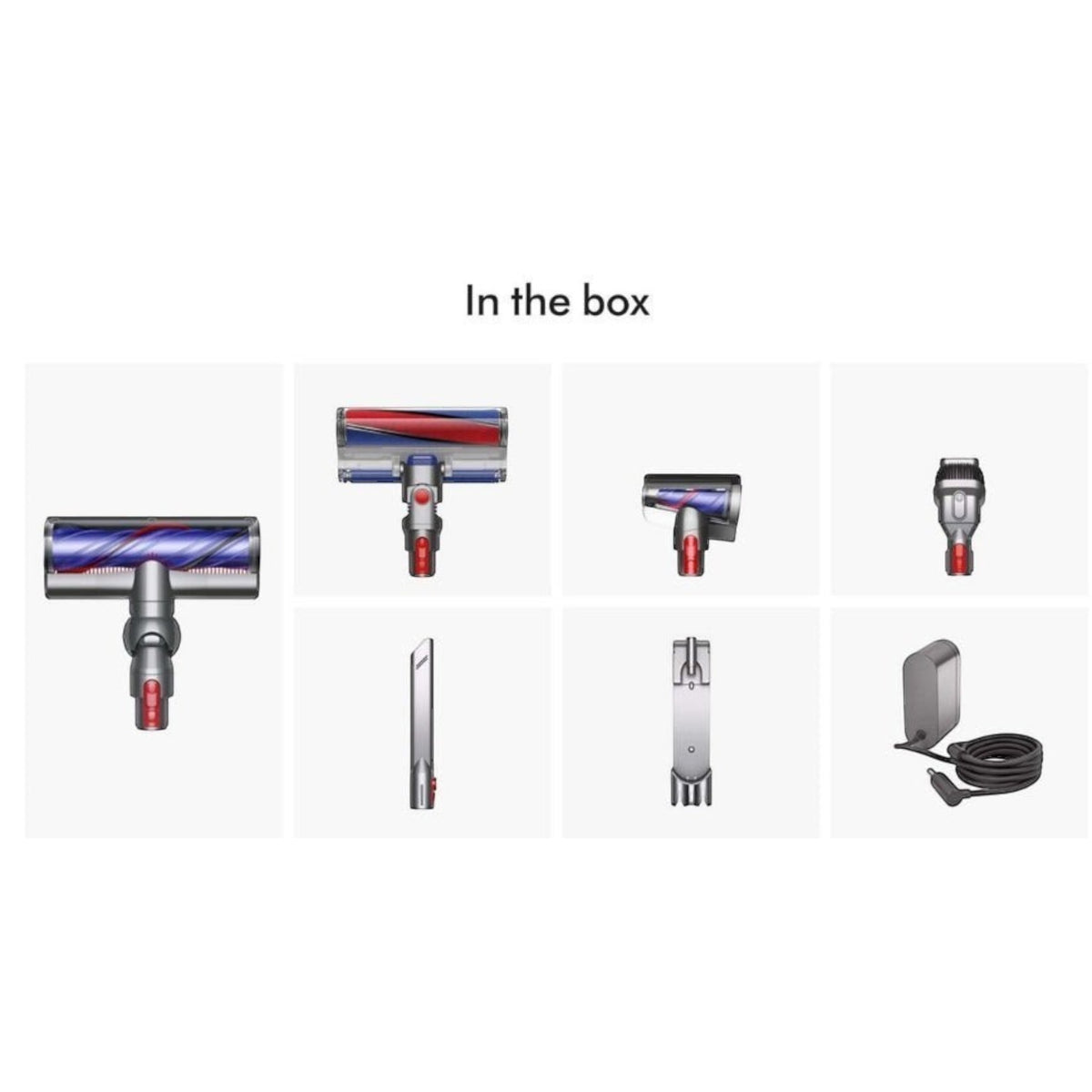 Taghareed Dyson V8 Absolute vacuum cleaner attachments: Motorbar cleaner head, crevice tool, mini motorized tool, and charging dock.