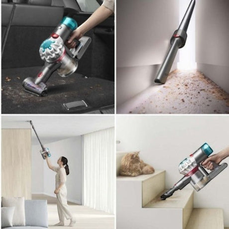 Taghareed Dyson V8 Absolute cordless vacuum cleaner with HEPA filtration and de-tangling brush for pet hair.