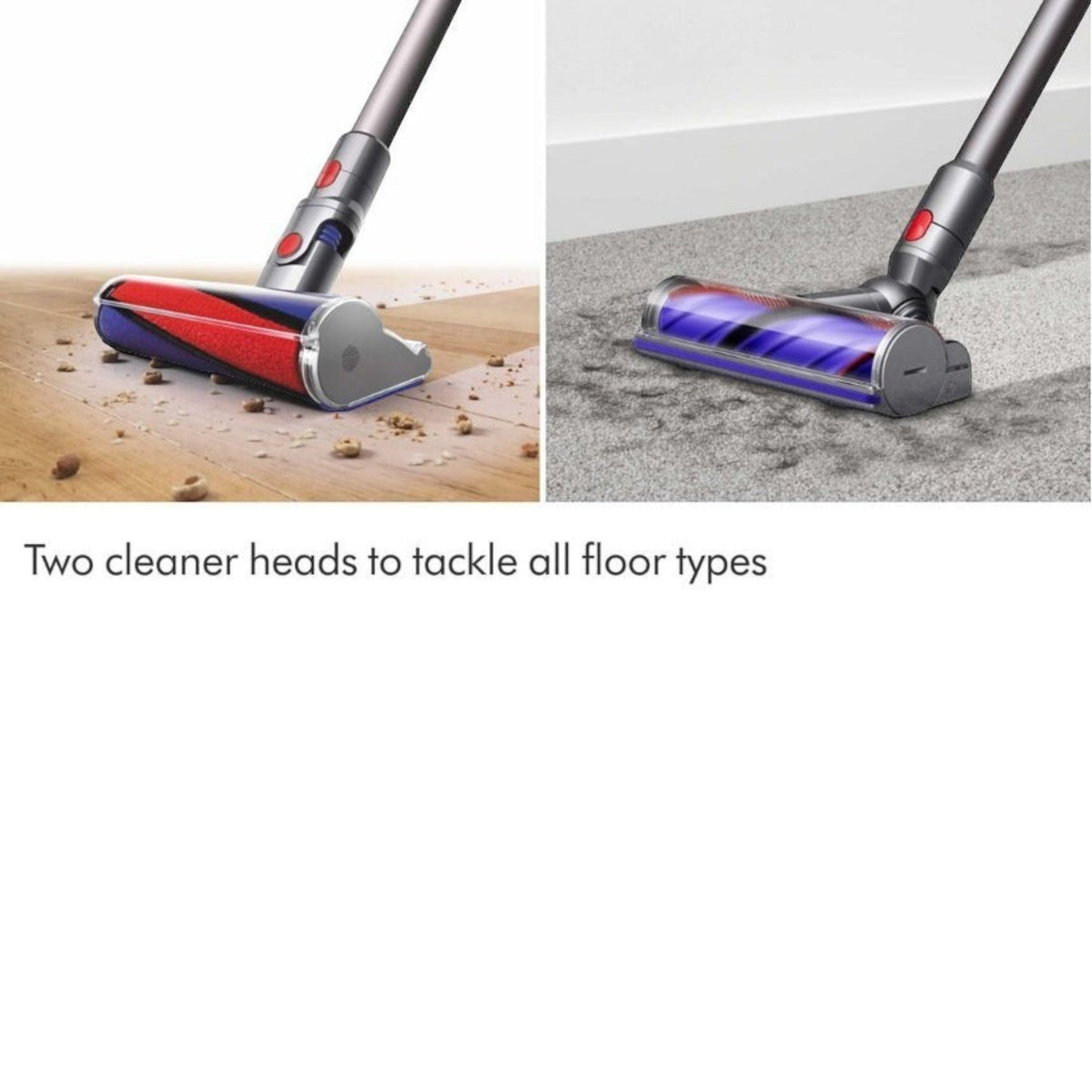 Taghareed Dyson V8 Absolute vacuum cleaner with two interchangeable cleaner heads for hardwood and carpet. Features red and blue brush rolls.