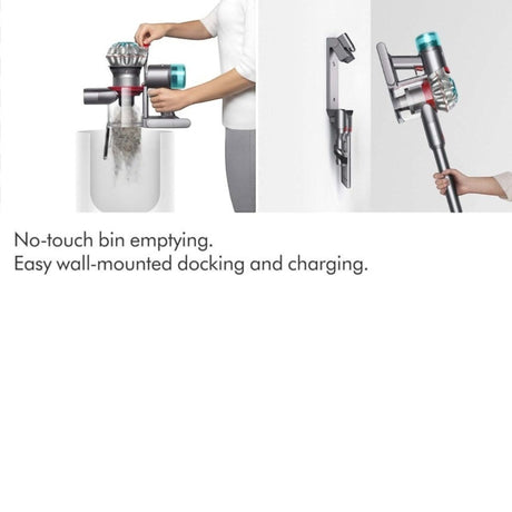 Taghareed Dyson V8 Absolute vacuum emptying dust into a bin and mounted on a wall charger.