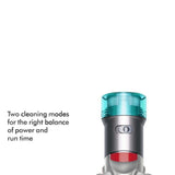 Taghareed Dyson V8 Absolute cordless vacuum cleaner with teal cyclone and red bin release.