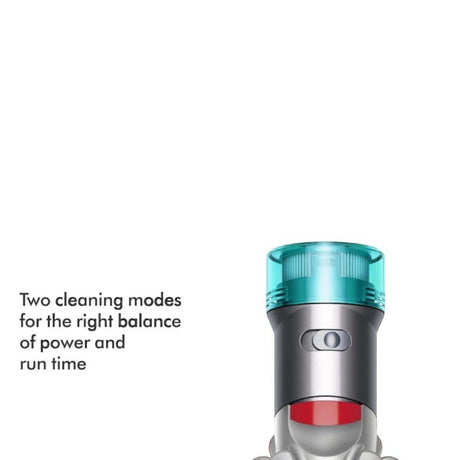 Taghareed Dyson V8 Absolute cordless vacuum cleaner with teal cyclone and red bin release.