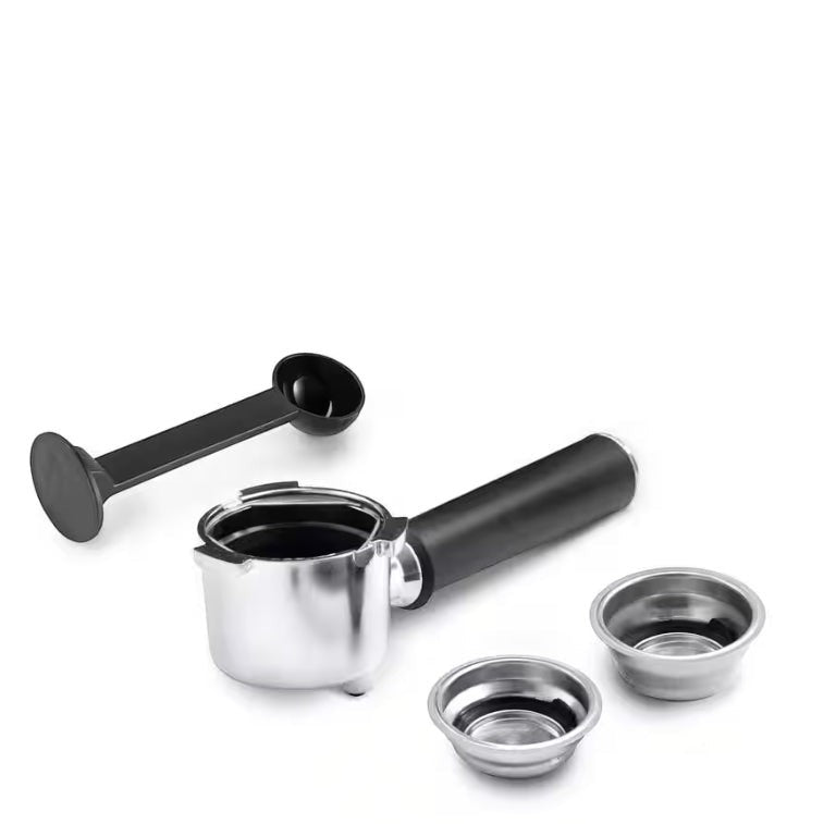Taghareed De'Longhi ECP 35.31 espresso machine portafilter with two baskets and a black coffee scoop.