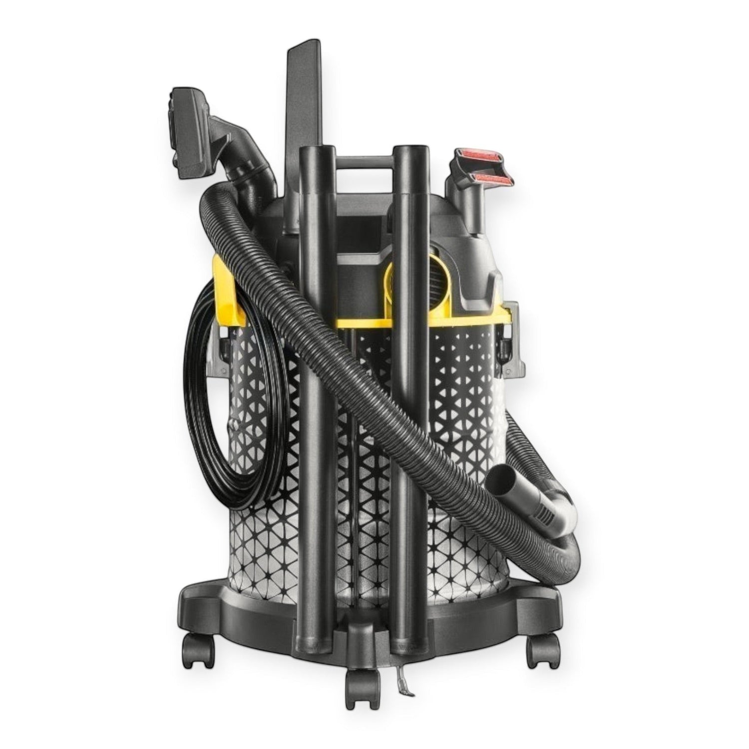 Taghareed Kärcher 1800W 20L barrel vacuum cleaner with blower function, black and yellow, on wheels.