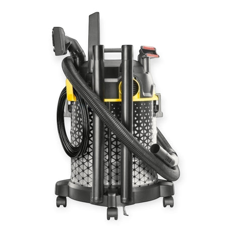 Taghareed Kärcher 1800W 20L barrel vacuum cleaner with blower function, black and yellow, on wheels.