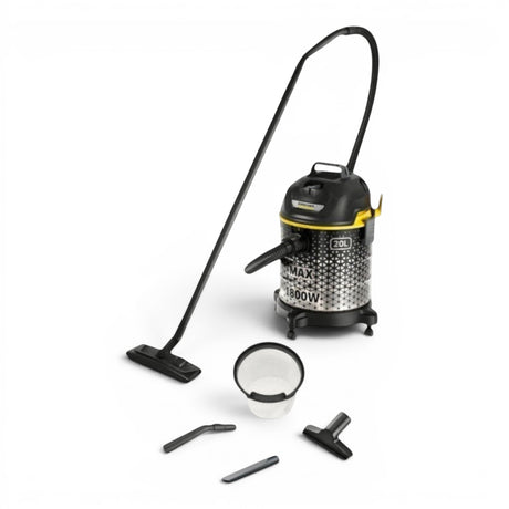 Taghareed Kärcher 1800W 20L barrel vacuum cleaner with blower function and multiple attachments. Black and yellow.