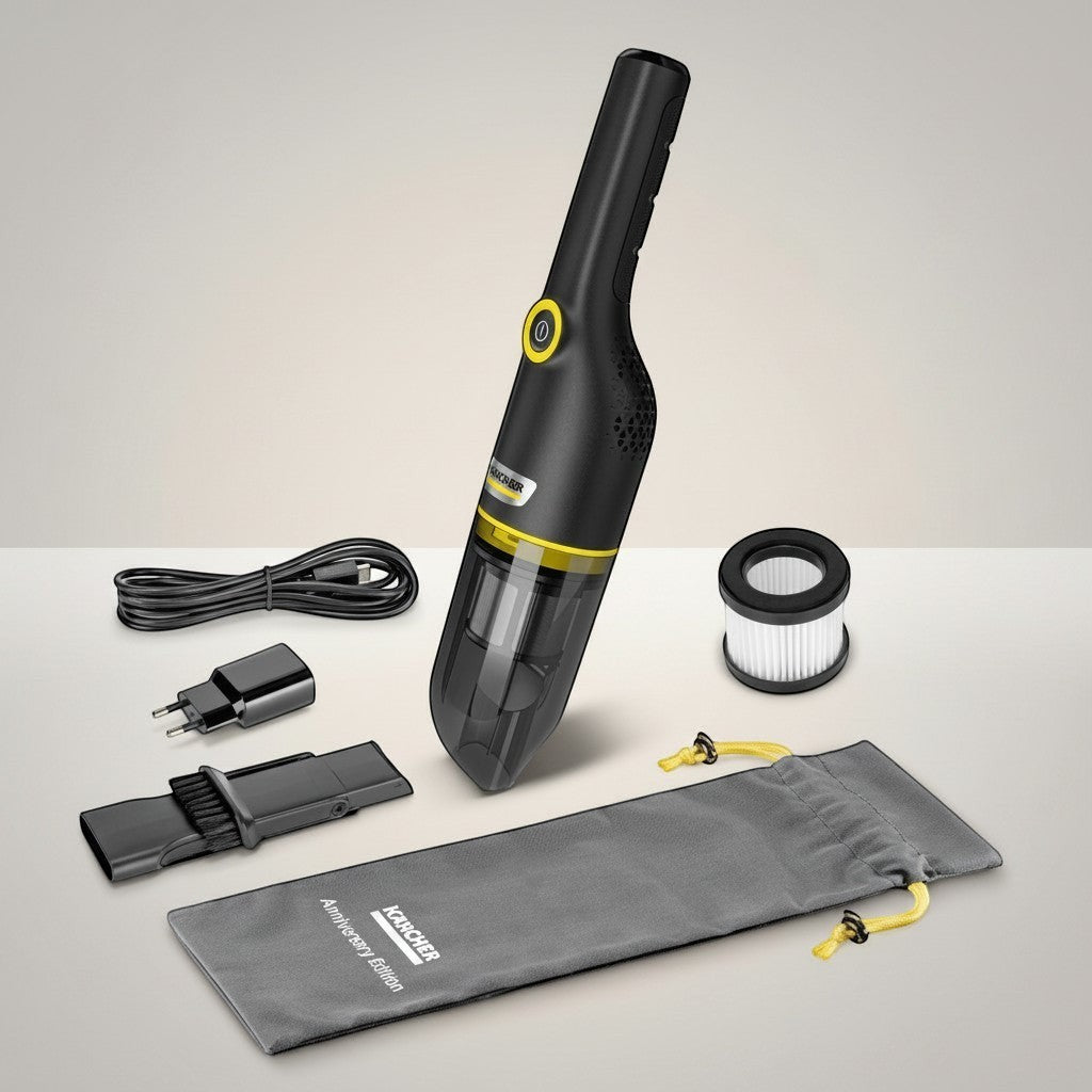 Taghareed Kärcher CVH 4 Black cordless hand vacuum cleaner with accessories, including USB cable, charger, crevice tool, filter, and storage bag.