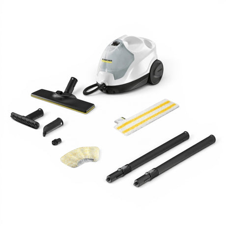 Taghareed Karcher SC 4 EasyFix steam cleaner with floor nozzle, detail nozzle, brush, and two extension tubes.