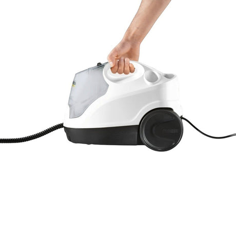 Taghareed Karcher SC 4 EasyFix white and black steam cleaner with hose and handle, 2000W, 3.5 bar pressure.