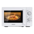 Taghareed Kenwood 20L white microwave oven with mechanical controls and defrost function, cooking biryani.