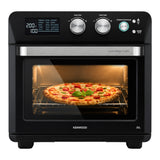 Taghareed Kenwood 25L black 2-in-1 air fryer oven with digital display, cooking a pizza.