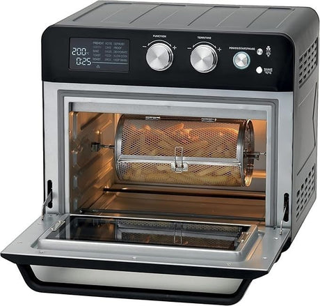 Taghareed Kenwood 25L digital 2-in-1 air fryer oven with rotisserie basket cooking fries.