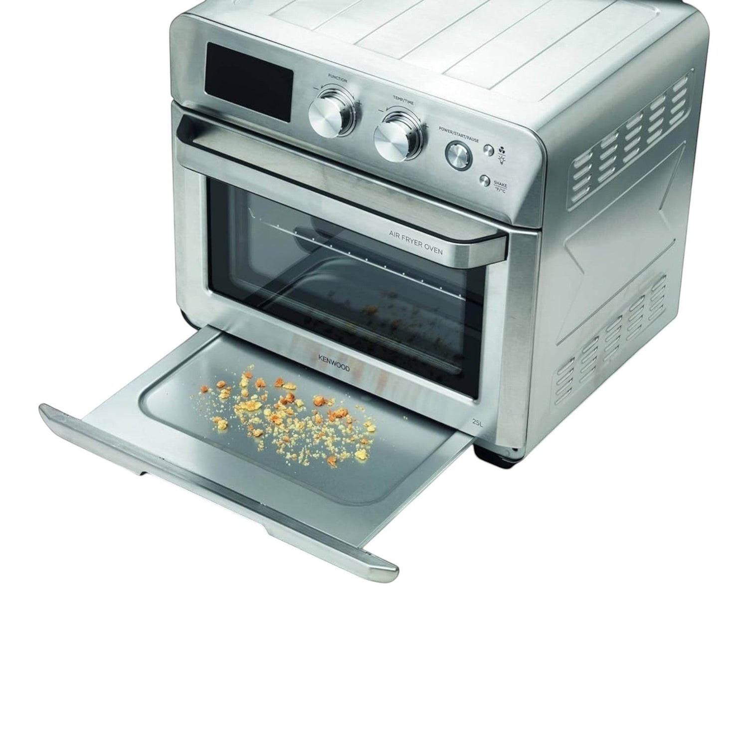 Taghareed Kenwood 25L 1700W digital 2-in-1 air fryer oven with rotisserie and 15 cooking programs. Stainless steel finish.