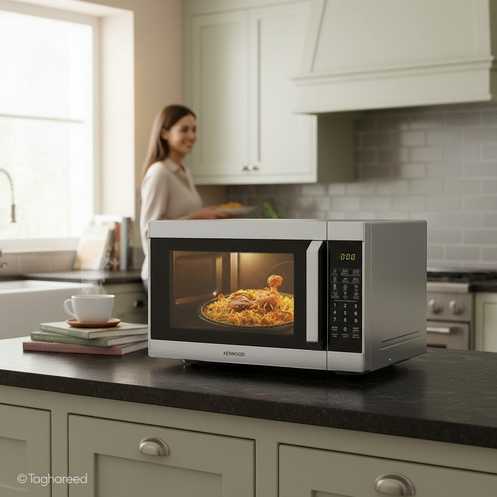 Taghareed Kenwood 42L digital microwave with grill, 1100W, stainless steel, featuring a digital display and cooking food inside.