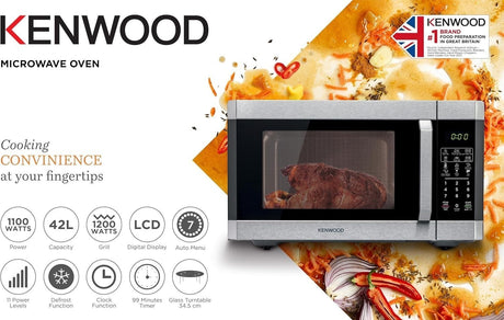 Taghareed Kenwood MWM42.000BK 42L digital microwave with grill, 1100W power, LCD display, and auto menus.