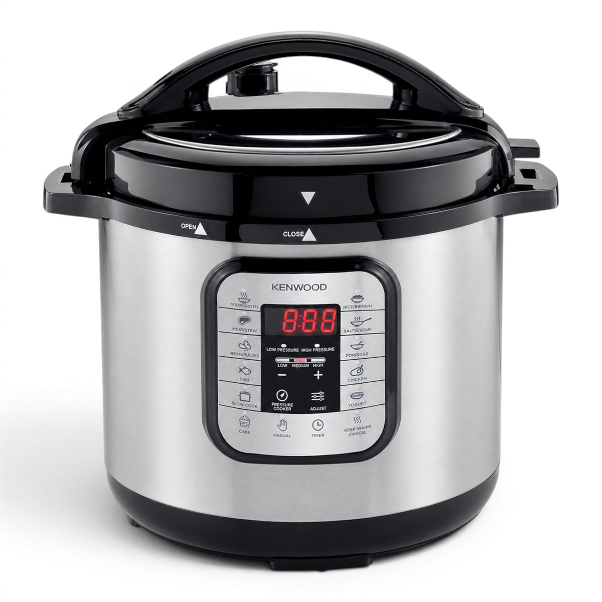 Taghareed Kenwood 16-in-1 electric pressure cooker, 8L multicooker PCM80, silver and black with digital display and 16 cooking programs.