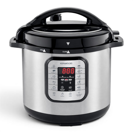 Taghareed Kenwood 16-in-1 electric pressure cooker, 8L multicooker PCM80, silver and black with digital display and 16 cooking programs.