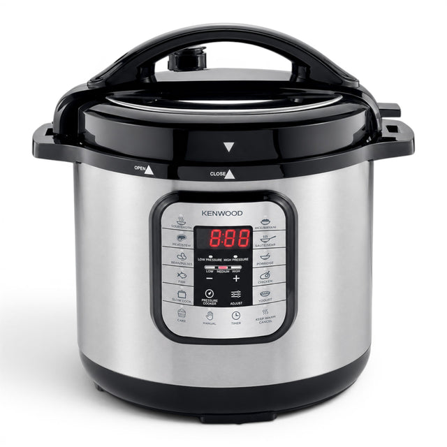 Taghareed Kenwood 16-in-1 electric pressure cooker, 8L multicooker PCM80, silver and black with digital display and 16 cooking programs.