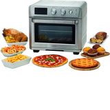 Taghareed Kenwood 25L stainless steel 2-in-1 air fryer oven with digital display, cooking a whole chicken, pizza, fries, and baked goods.