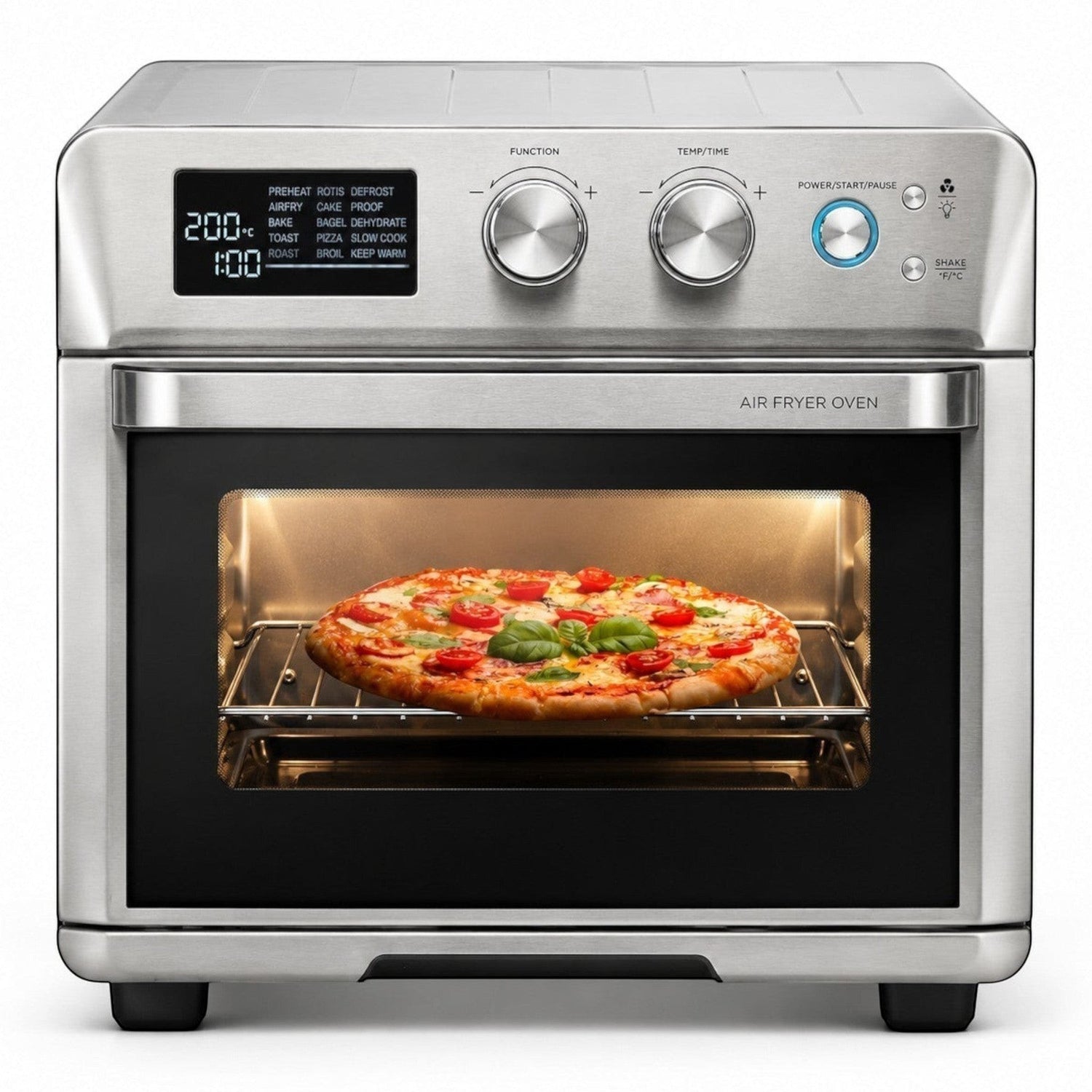 Taghareed Kenwood 25L stainless steel 2-in-1 air fryer oven with digital display, cooking a pizza.