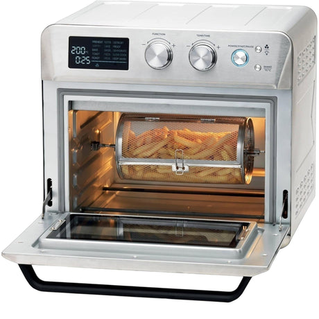 Taghareed Kenwood 25L 1700W stainless steel 2-in-1 air fryer oven with rotisserie basket cooking fries